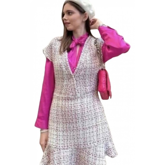 Zara Tweed Texture Ruffle Hem Dress - Picture 2 of 11